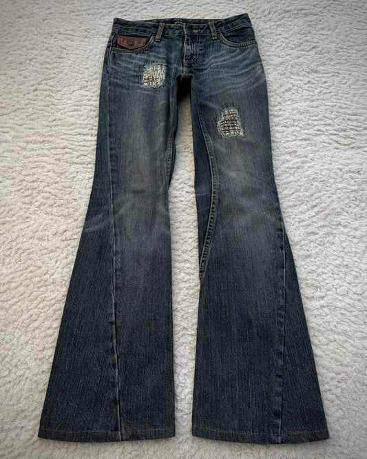 Elvence Repaired Western Spiral Flared Jeans