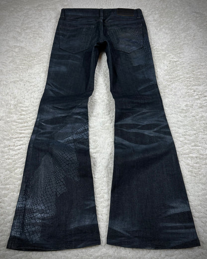 Tornado Mart 3D Python Coated Whisker Waxed Flared Jeans