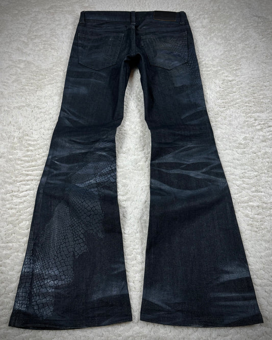 Tornado Mart 3D Python Coated Whisker Waxed Flared Jeans