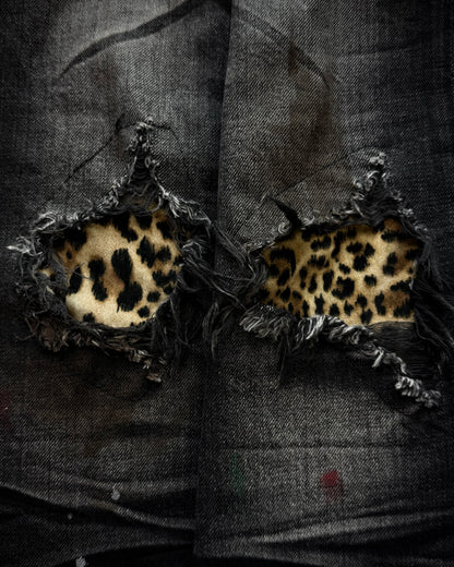 CavariA Leopard Repaired Clawmarks Flared Jeans