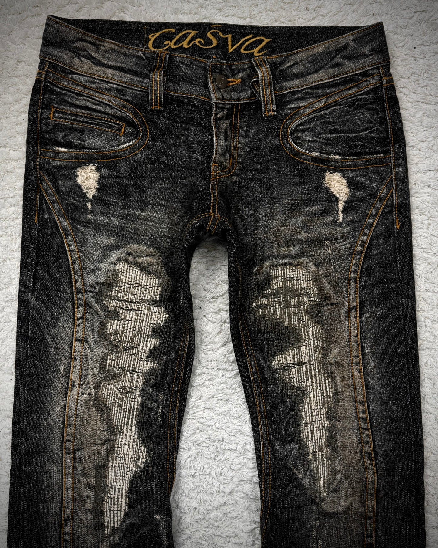Casva Stitch Repaired Mud Washed Flared Jeans