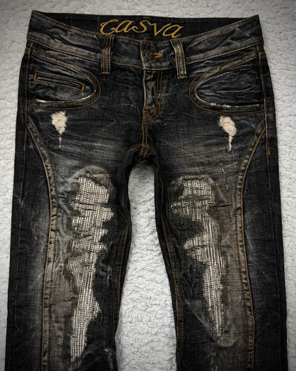 Casva Stitch Repaired Mud Washed Flared Jeans