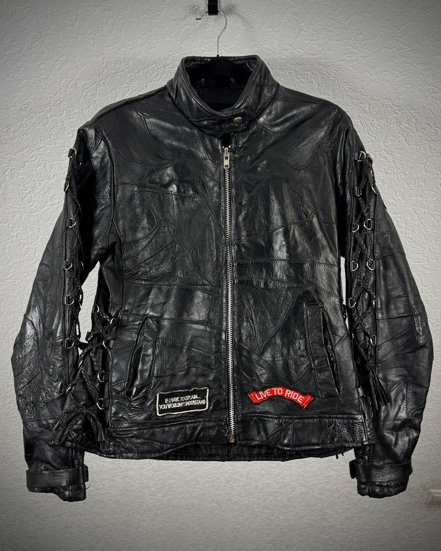 Diamond Plate Lace Up Buffalo Leather Patchwork Biker Jacket