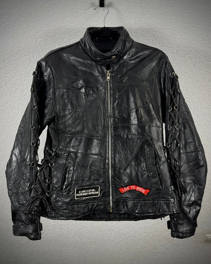 Diamond Plate Lace Up Buffalo Leather Patchwork Biker Jacket