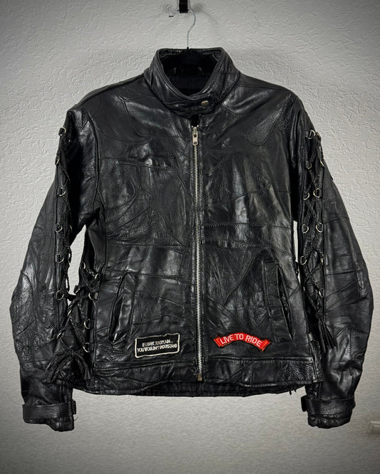 Diamond Plate Lace Up Buffalo Leather Patchwork Biker Jacket