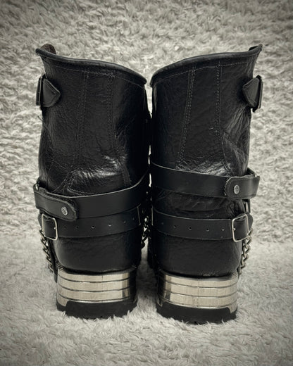 New Rock Chained Belted Steel Heel Leather Boots