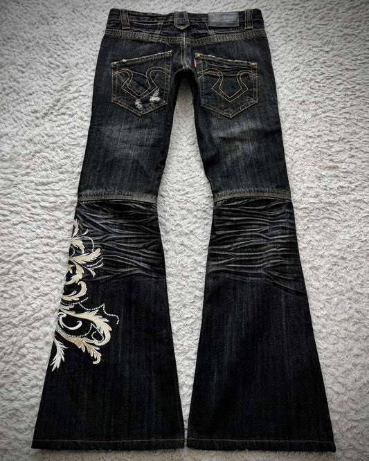 Tornado Mart Tribal Tattoo Embroidery Flared Jeans