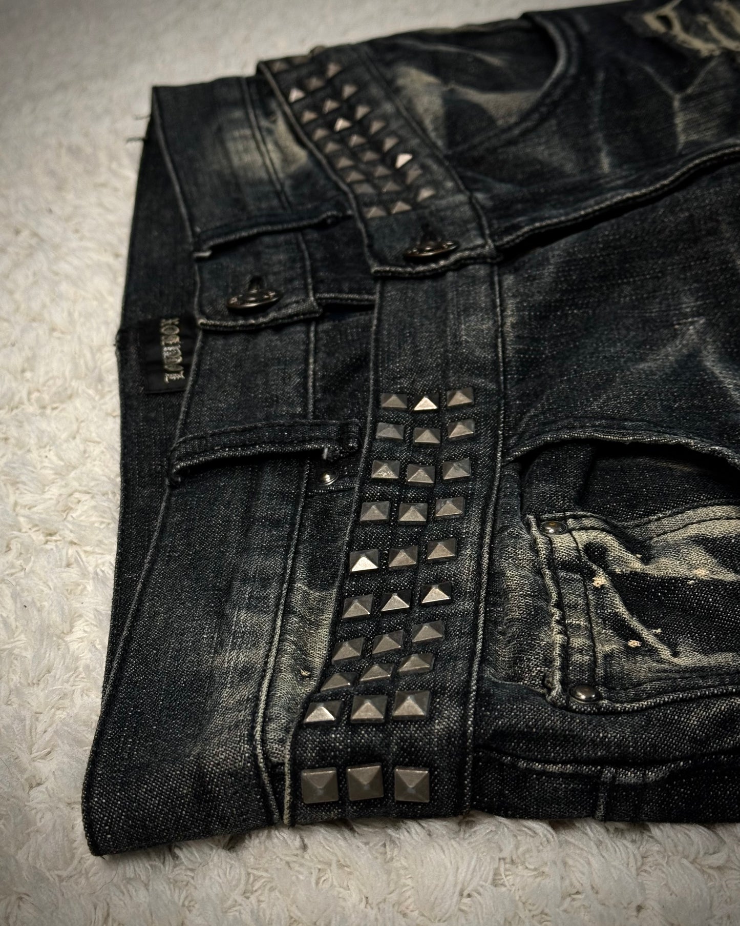 Lowbox Double Waisted Studded Repaired Flared Jeans