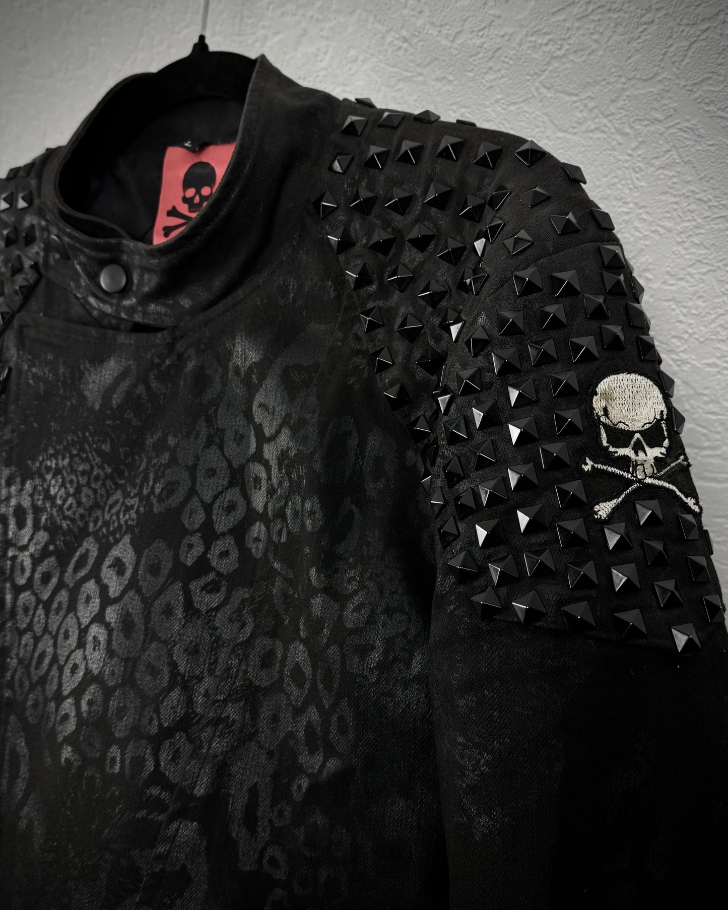 By The R Leopard Waxed Studded Lace Up Biker Jacket