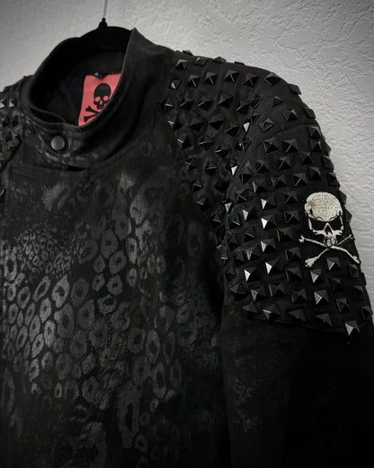 By The R Leopard Waxed Studded Lace Up Biker Jacket