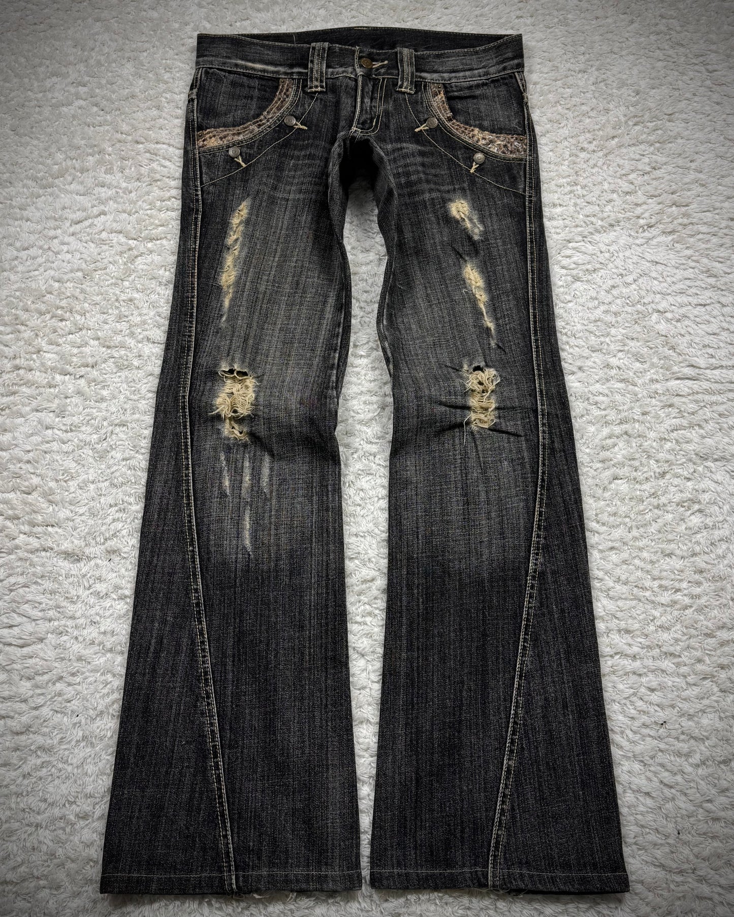 Tornado Mart Python Detailed Distressed Spiral Flared Jeans