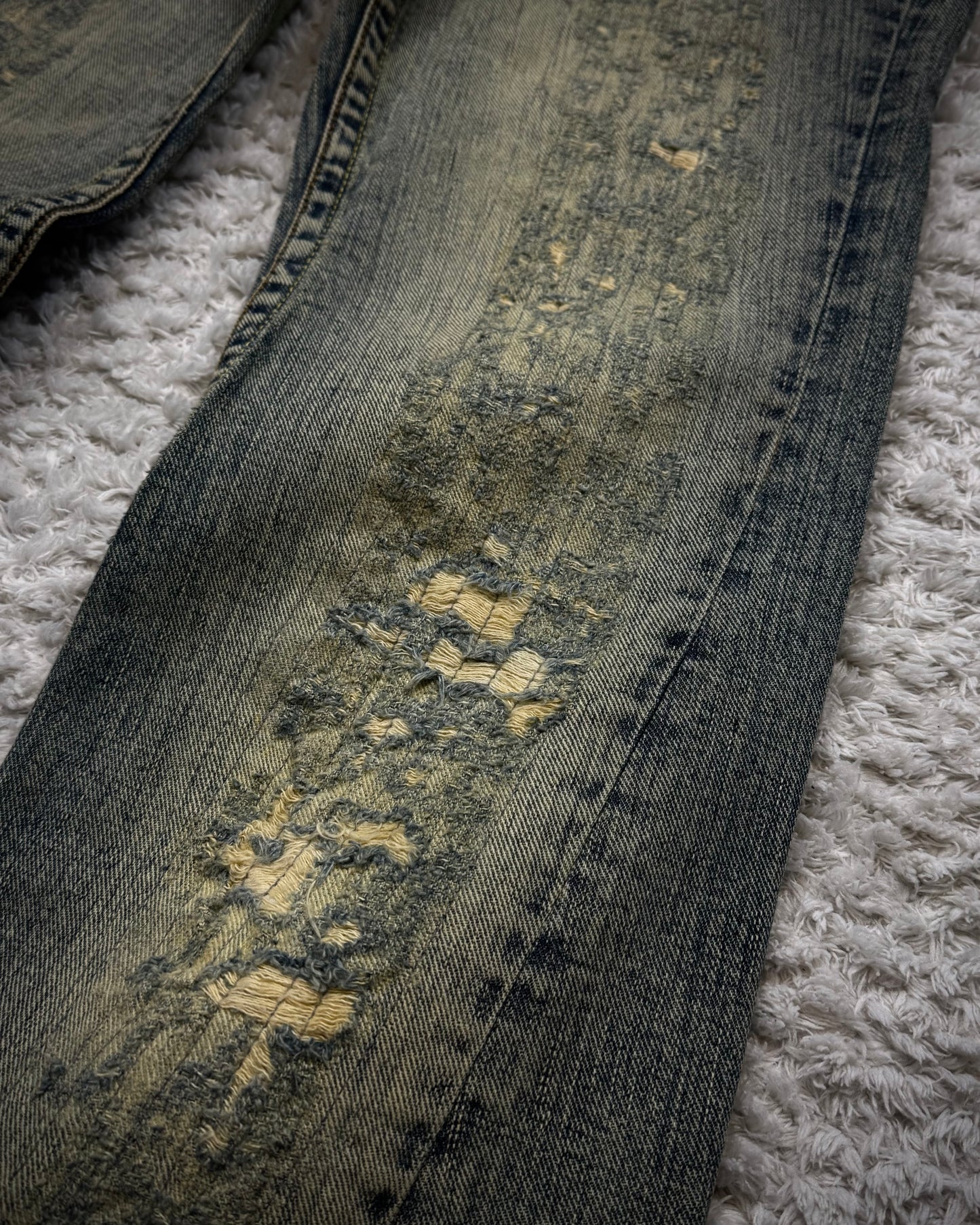 Tornado Mart Mud Washed Stitch Repaired Distressed Flared Jeans
