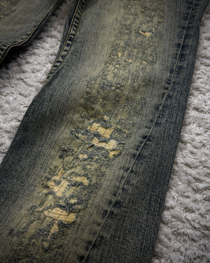 Tornado Mart Mud Washed Stitch Repaired Distressed Flared Jeans