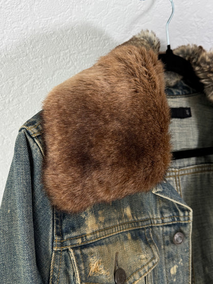 Fuga Mud Washed Chunky Fur Collar Denim Jacket