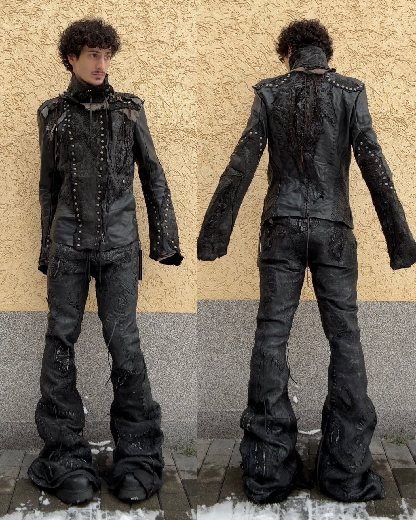 1vfudie “Noir” Scar Stitched Crocodile Leather Bell Bottom Flared Pants