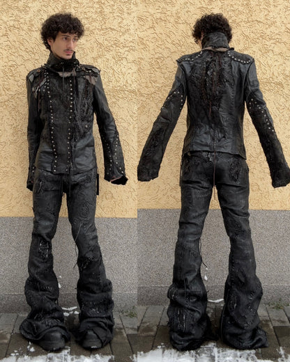 1vfudie “Noir” Scar Stitched Crocodile Leather Bell Bottom Flared Pants