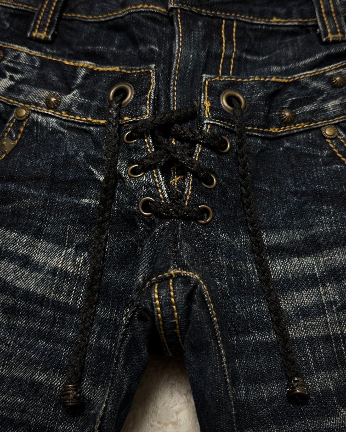 Buzz Spunky Double Waisted Lace Up Studded Patched Bootcut Denim