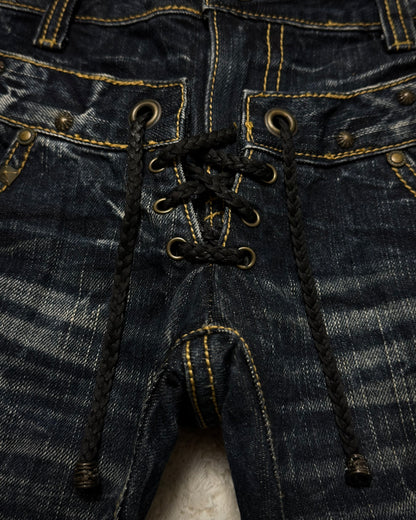Buzz Spunky Double Waisted Lace Up Studded Patched Bootcut Denim