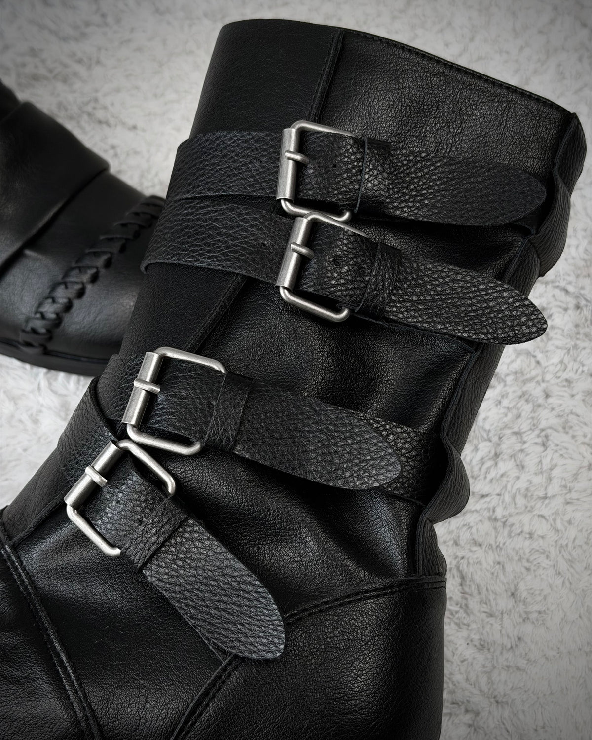 Scar Stitched Belted Wrinkled Leather Boots