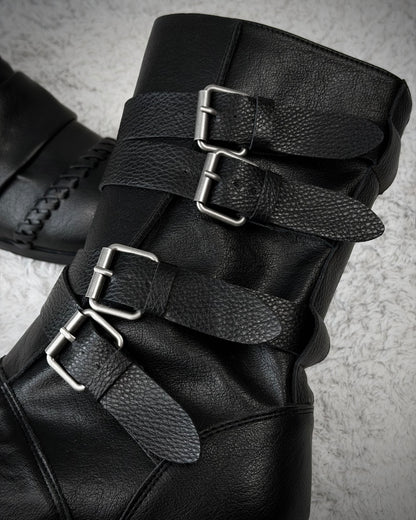 Scar Stitched Belted Wrinkled Leather Boots