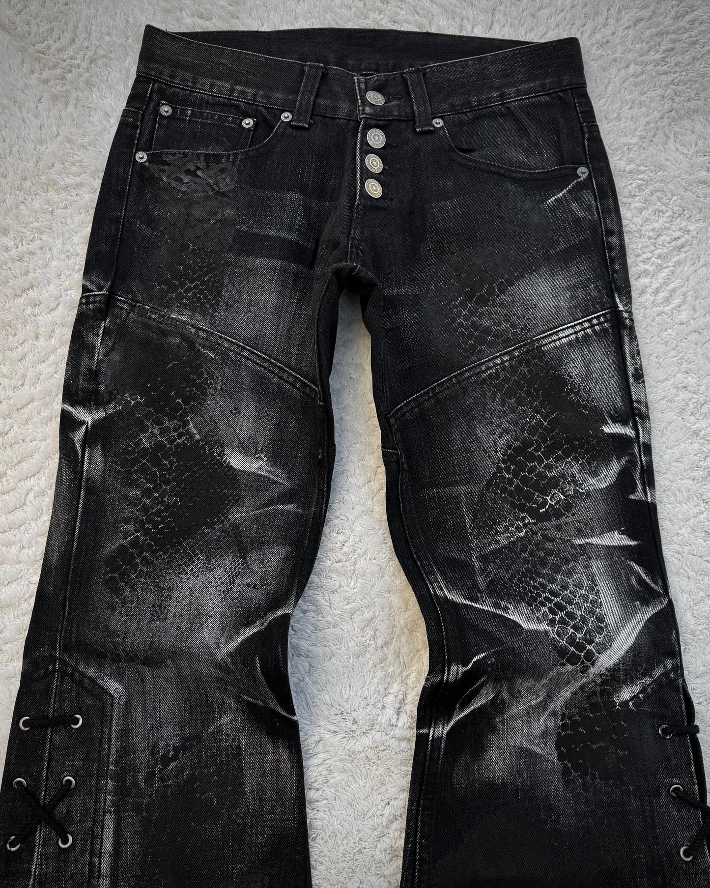 Tornado Mart Snakeskin Imprinted Lace Up Flared Jeans