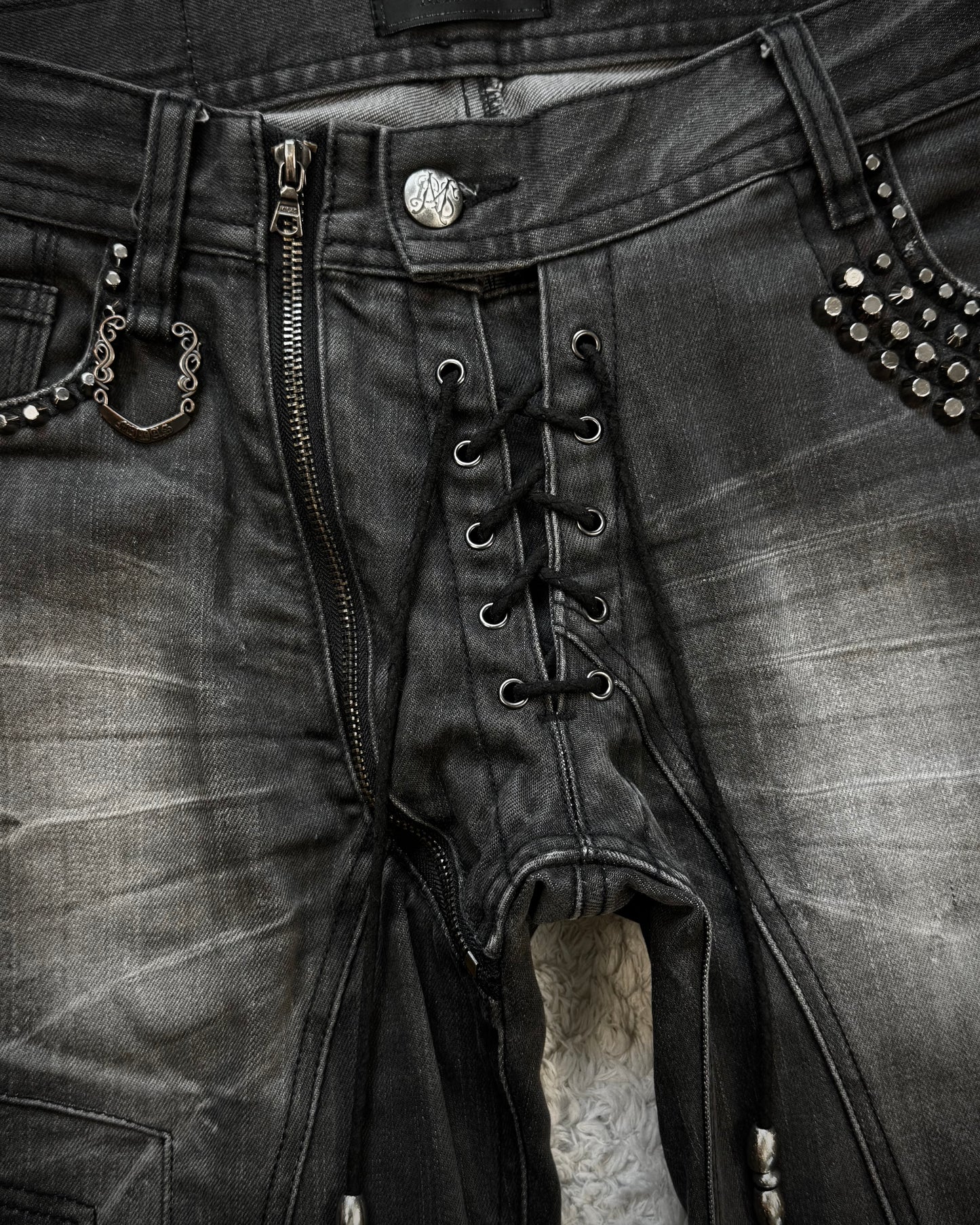 Midas Lace Up Studded Distressing Flared Jeans