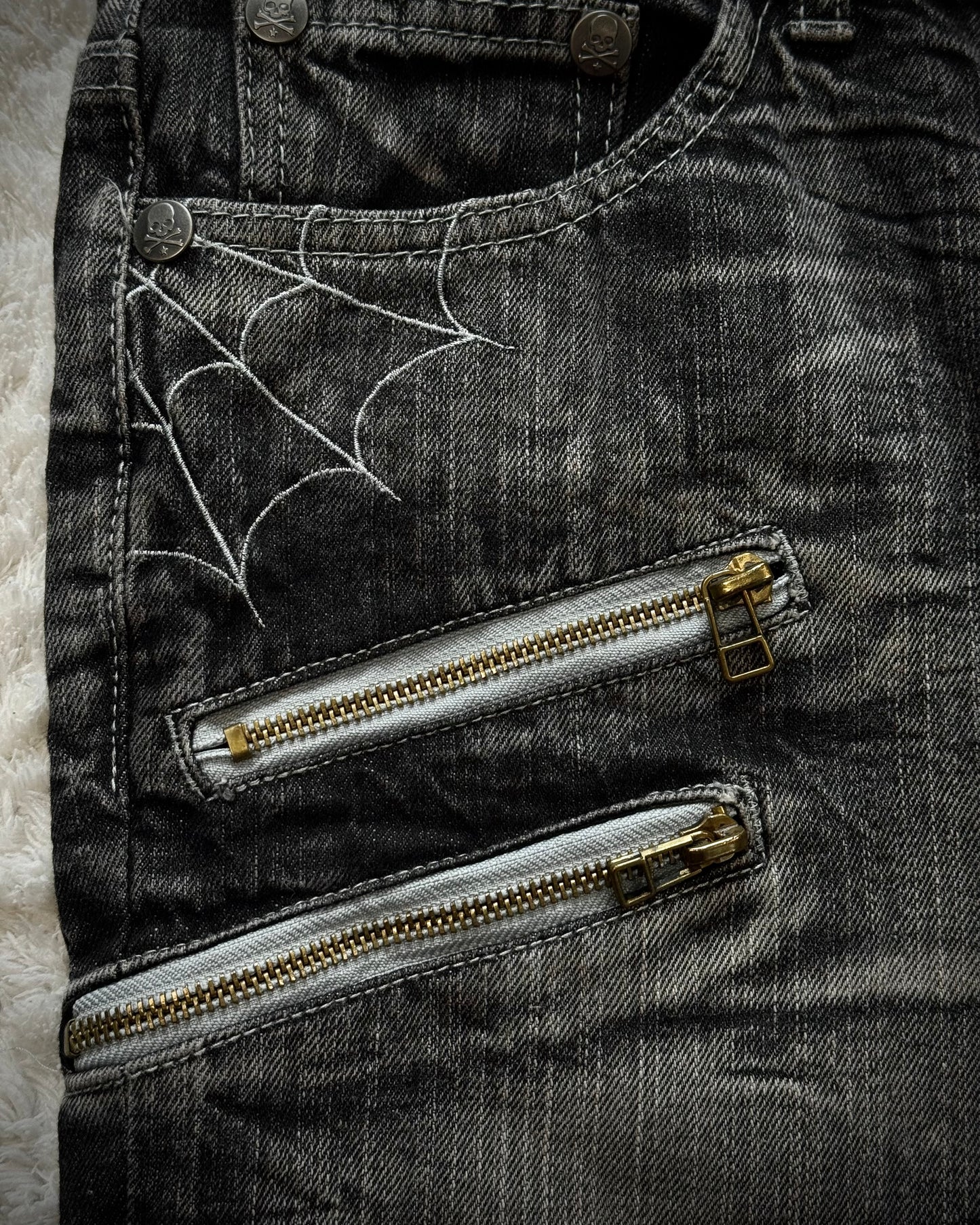 Wild Life Spider Web Leather Flap Denim Shorts