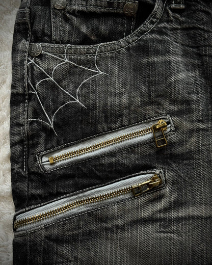 Wild Life Spider Web Leather Flap Denim Shorts