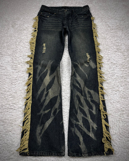 Black Baccara Fringed Zebra Washed Flared Jeans