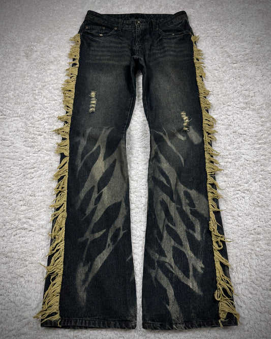 Black Baccara Fringed Zebra Washed Flared Jeans