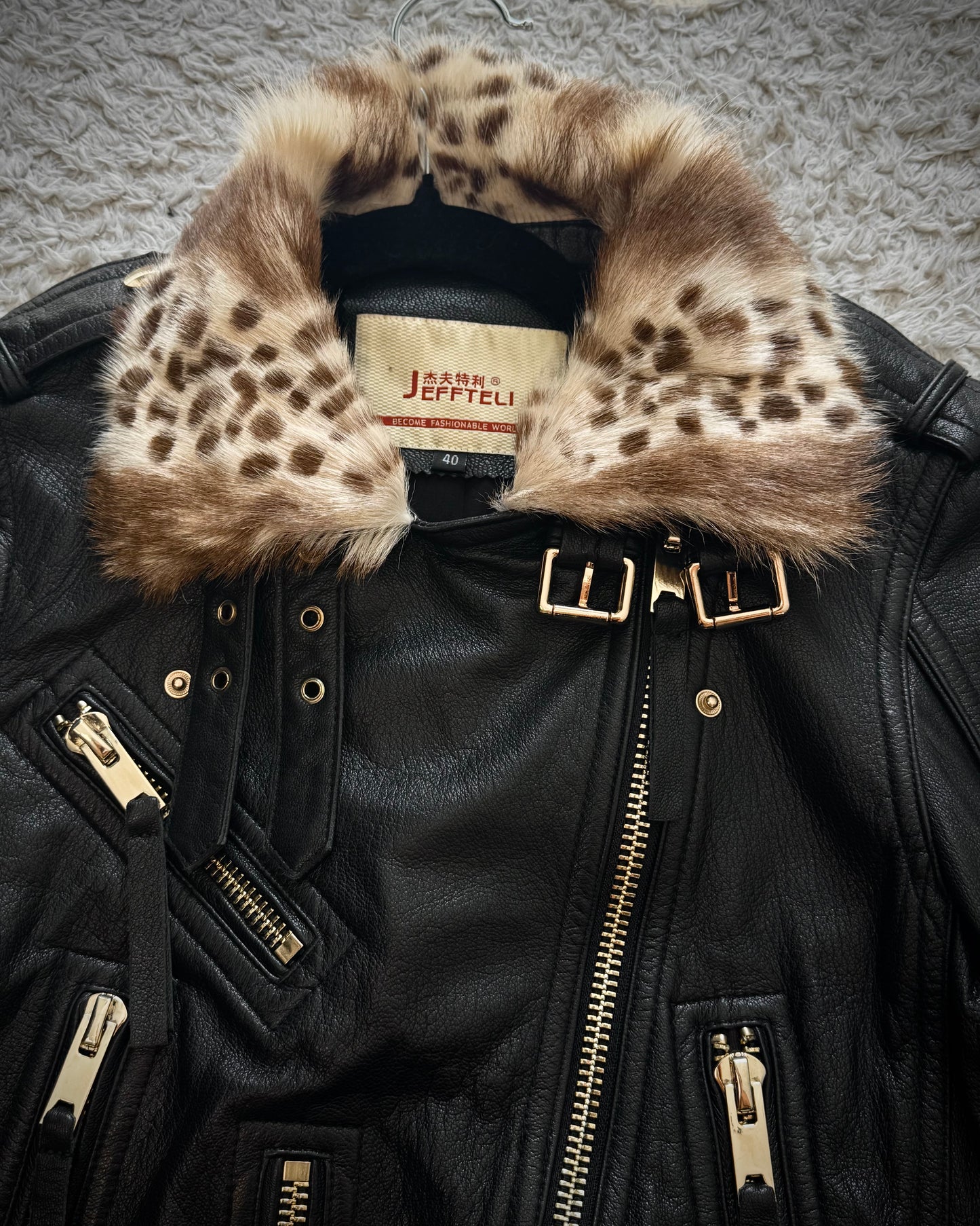Jeffteli Leopard Fur Collar Leather Biker Jacket
