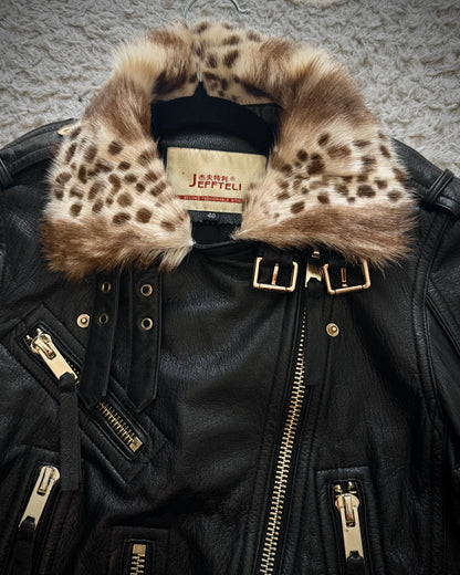 Jeffteli Leopard Fur Collar Leather Biker Jacket