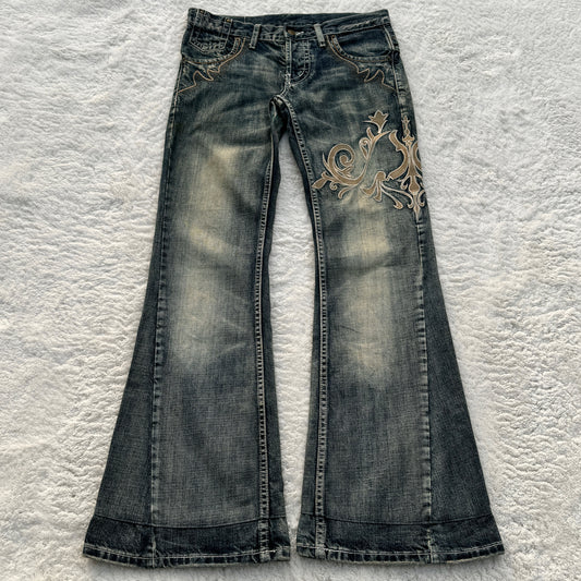 Tornado Mart Mud Wash Tribal Embroidery Flared Jeans