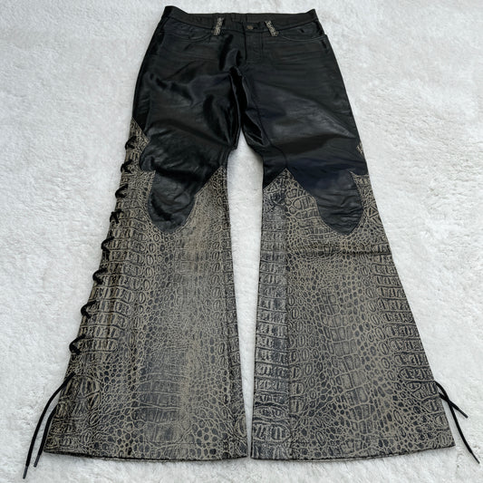 Tornado Mart Crocodile Leather Flared Lace-Up Pants