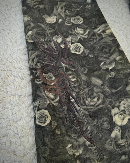 Tornado Mart Floral Tribal Embroidery Flared Leather Pants