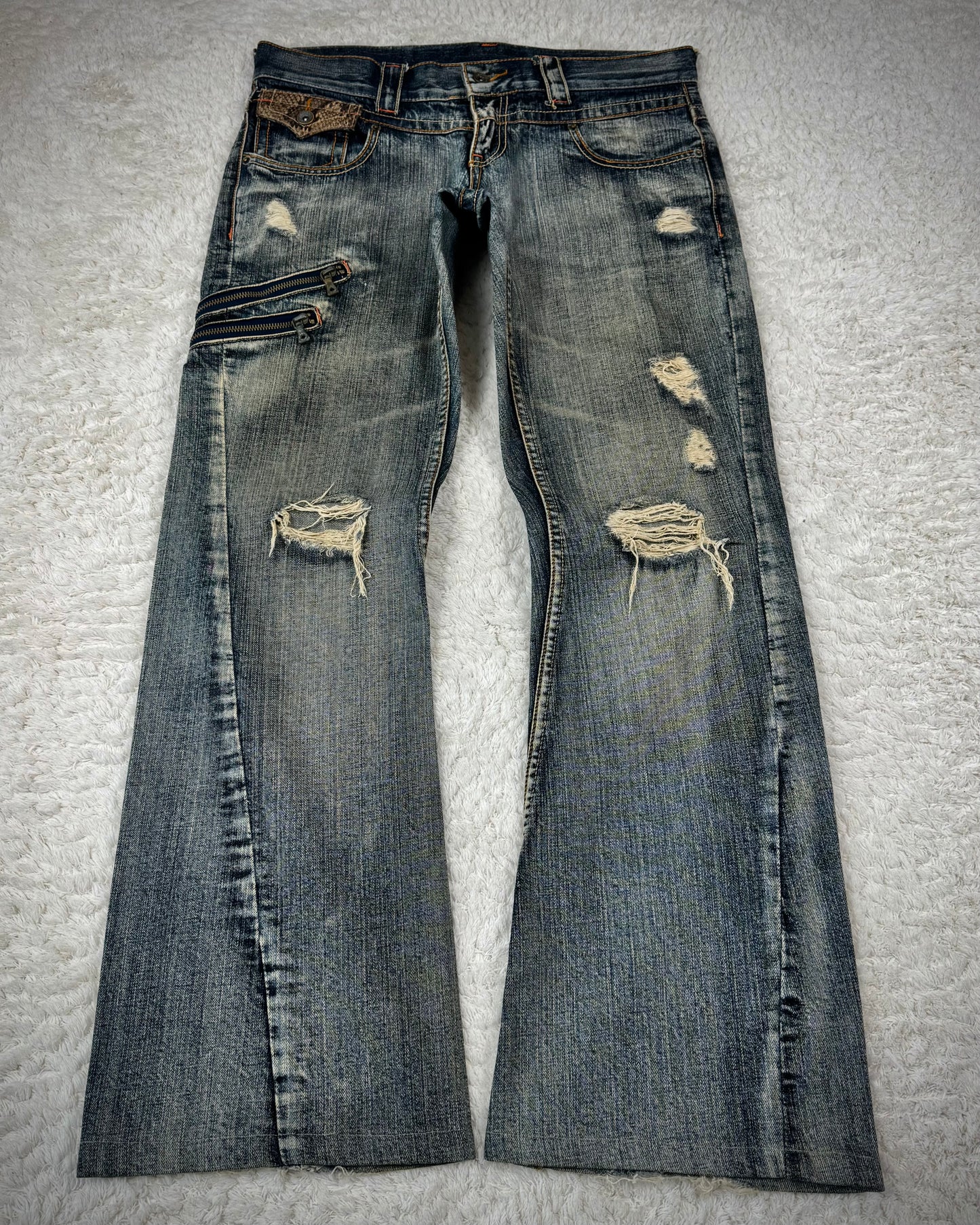 Semantic Design Mud Washed Python Detailed Flared Jeans