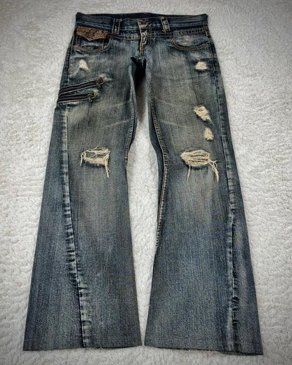 Semantic Design Mud Washed Python Detailed Flared Jeans