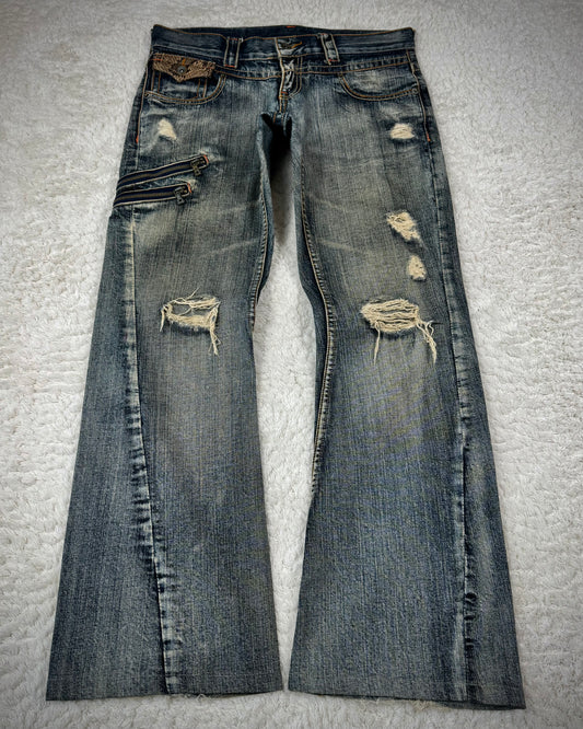 Semantic Design Mud Washed Python Detailed Flared Jeans