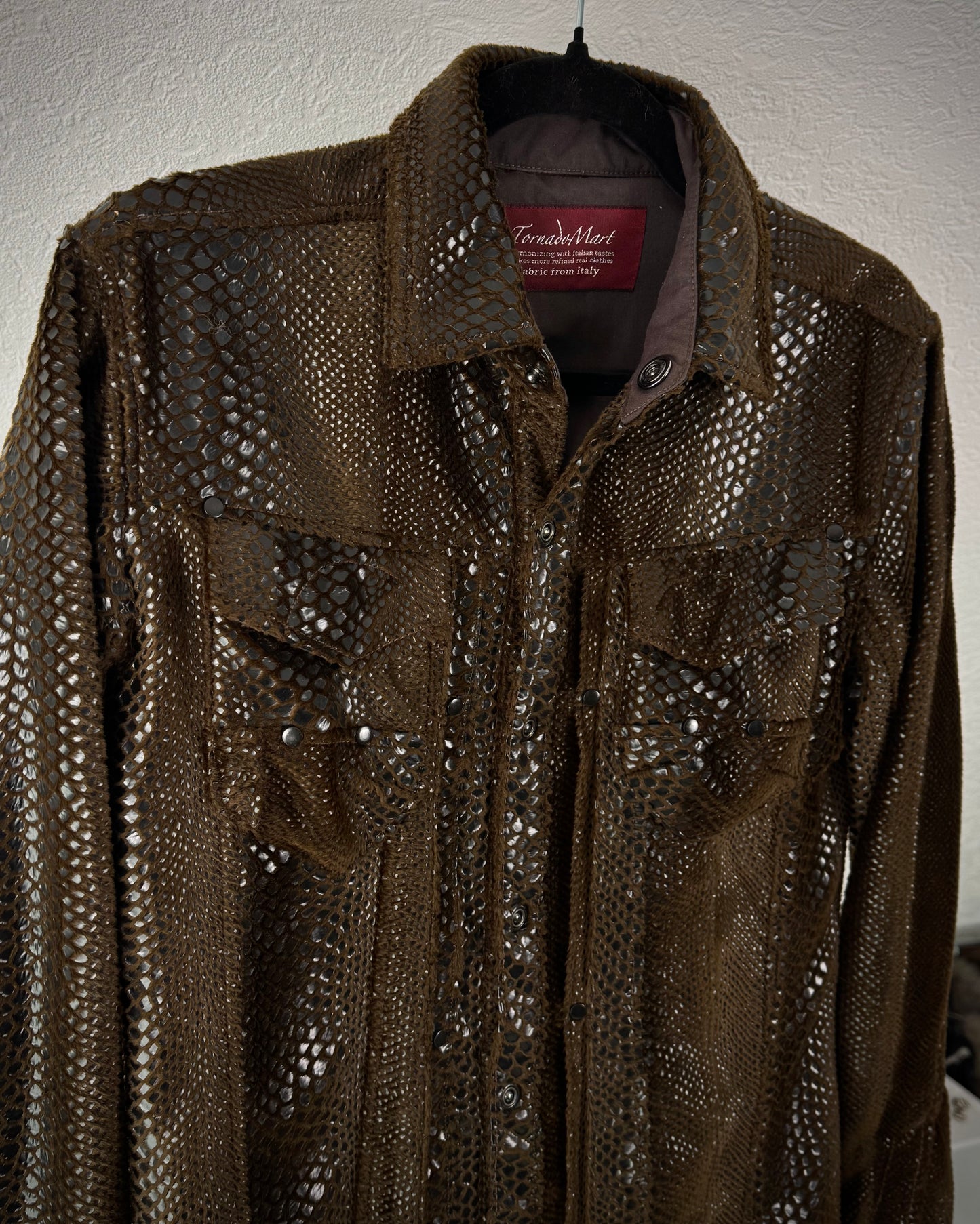 Tornado Mart Shiny Python Embossed Button Up Jacket