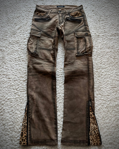 CavariA Leopard Gas Mask Cargo Pocket Flared Jeans