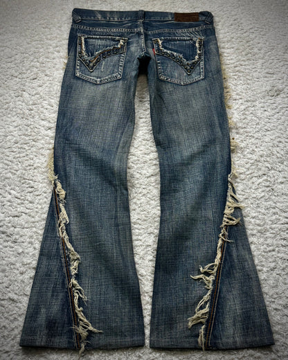 Tornado Mart Spiral Fringed Studded Flared Jeans