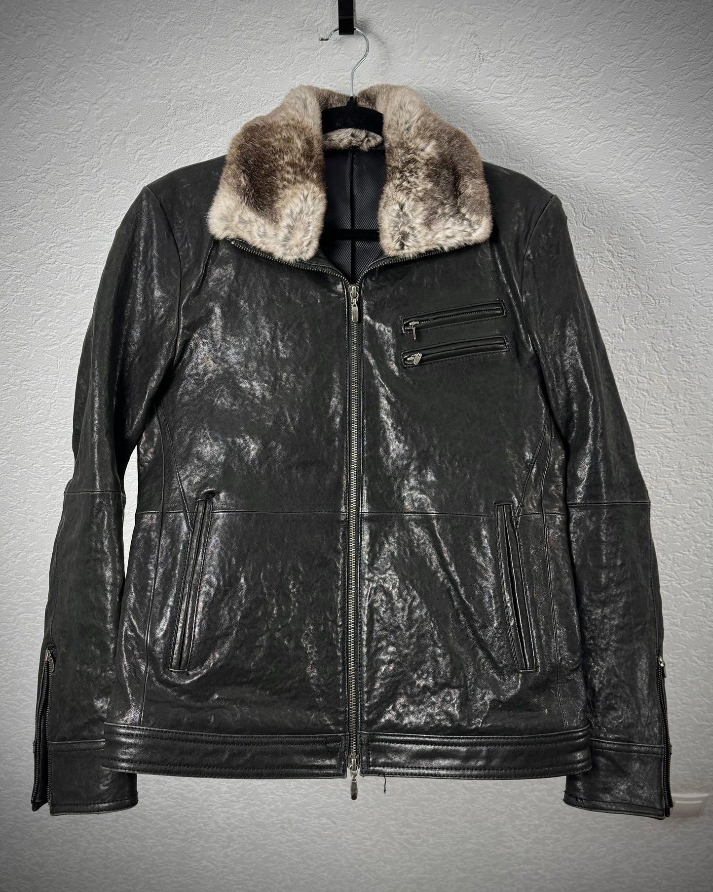 Comme Ca Men Rabbit Fur Collar Leather Jacket