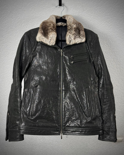 Comme Ca Men Rabbit Fur Collar Leather Jacket