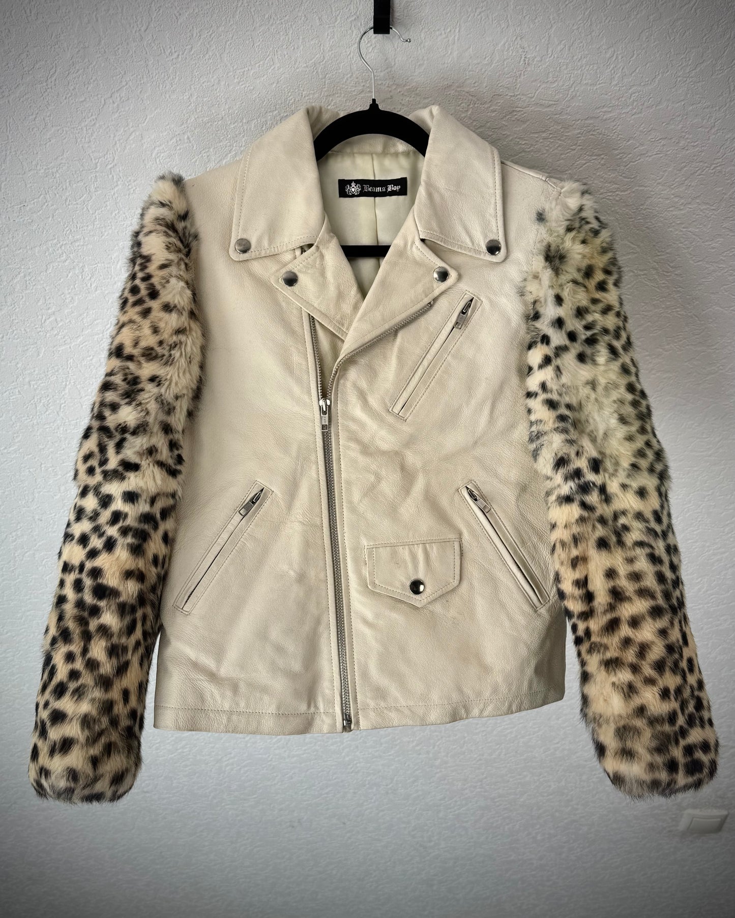 Beams Boy Leopard Dyed Rabbit Fur Sleeves Leather Jacket