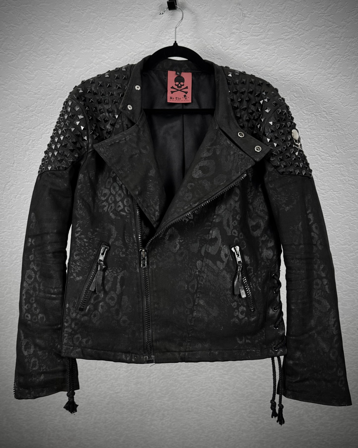 By The R Leopard Waxed Studded Lace Up Biker Jacket