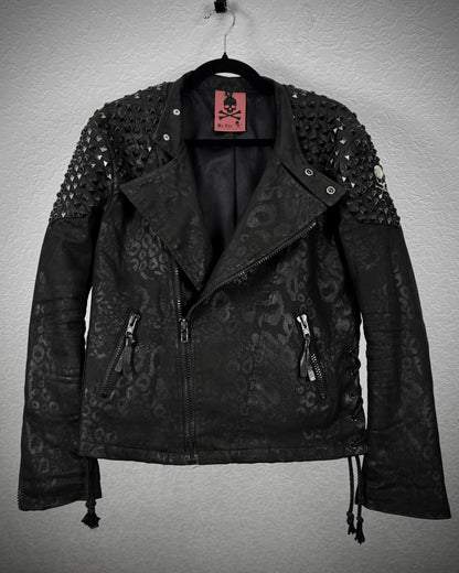 By The R Leopard Waxed Studded Lace Up Biker Jacket