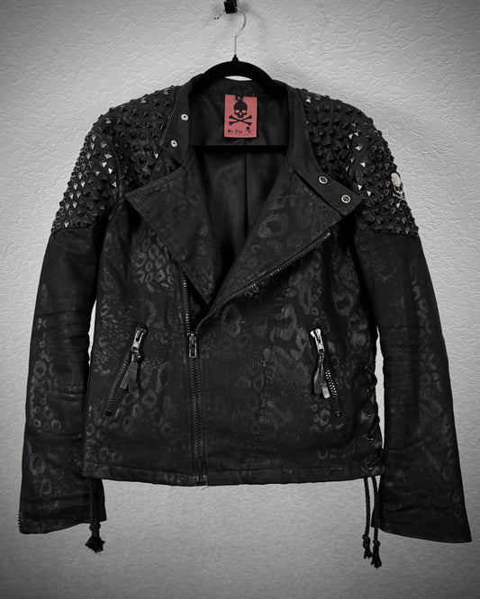 By The R Leopard Waxed Studded Lace Up Biker Jacket
