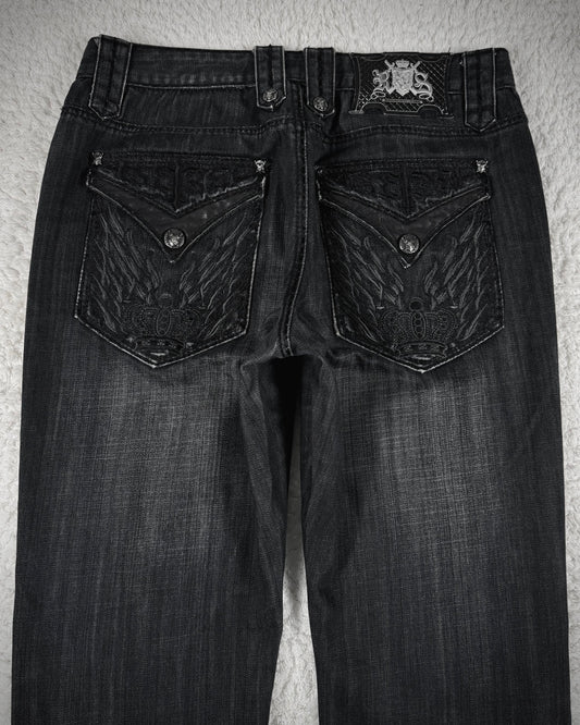 Rebel Spirit Crown Embroidered Flap Pockets Bootcut Denim