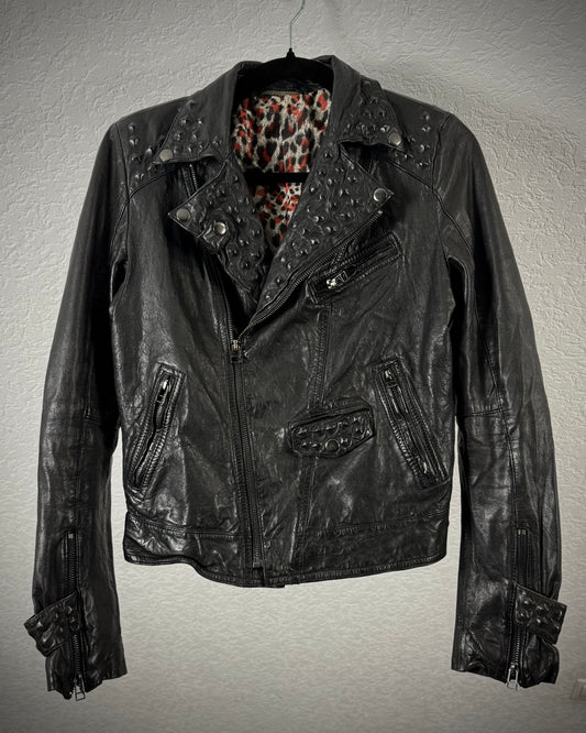 Leather Coated Studs Cropped Biker Jacket