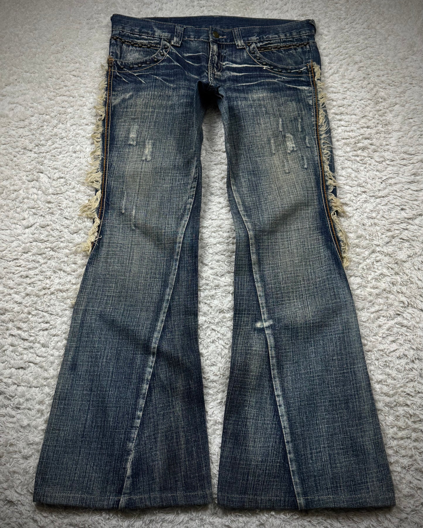 Tornado Mart Spiral Fringed Studded Flared Jeans